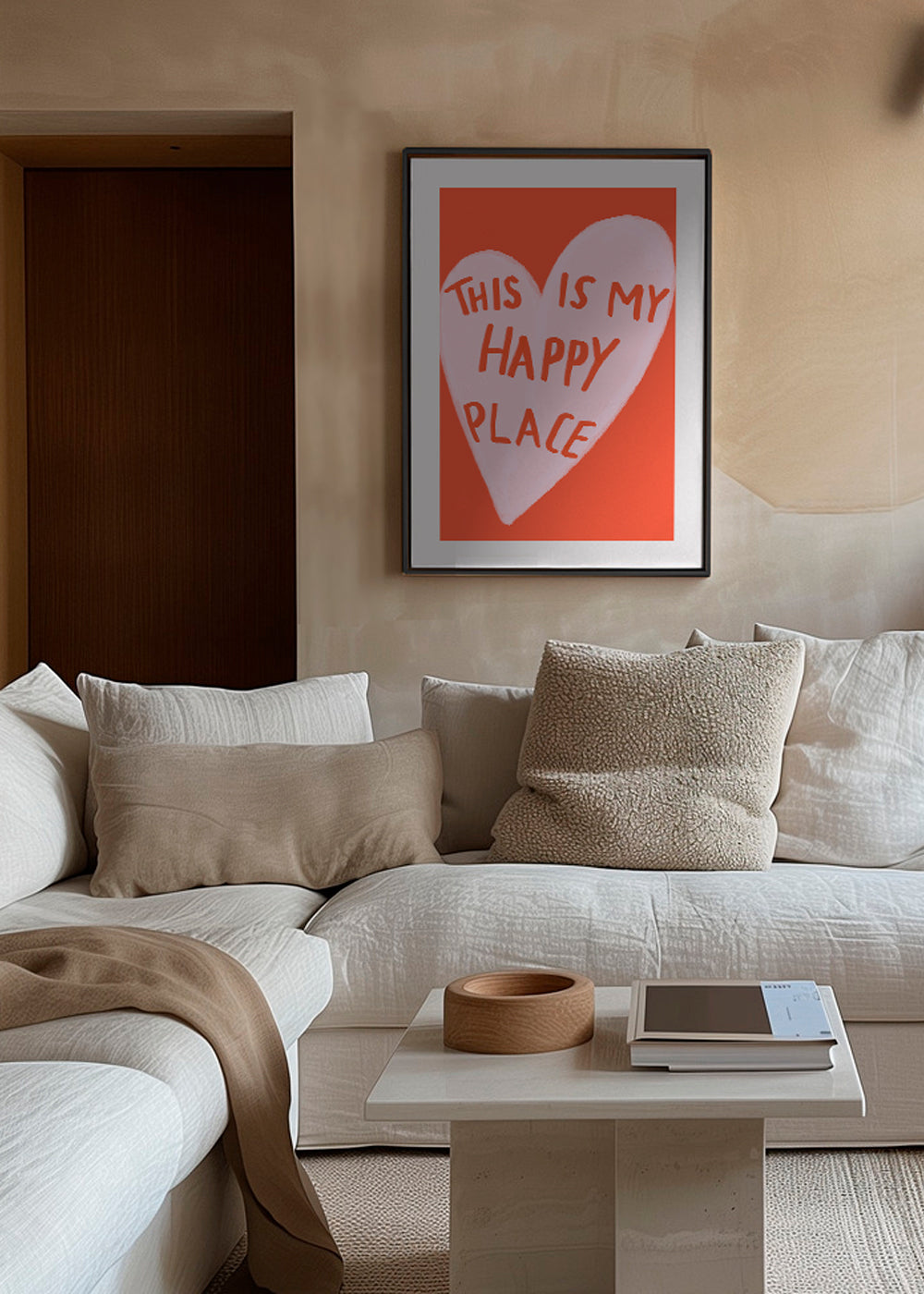 Hjärtillustration 'Happy Place' på korallbakgrund