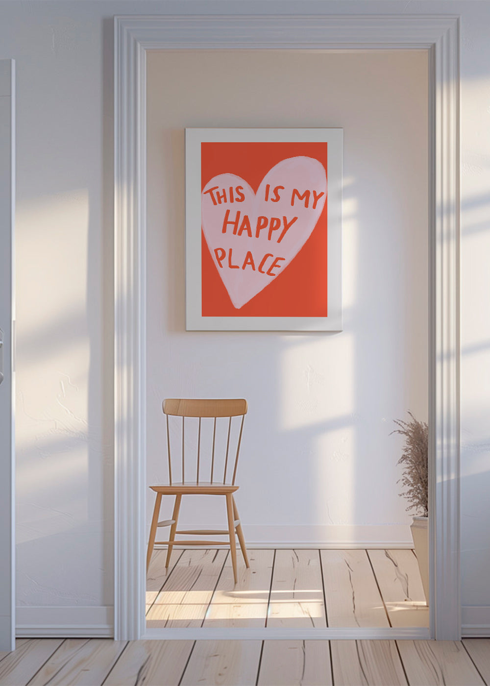 Hjärtillustration 'Happy Place' på korallbakgrund