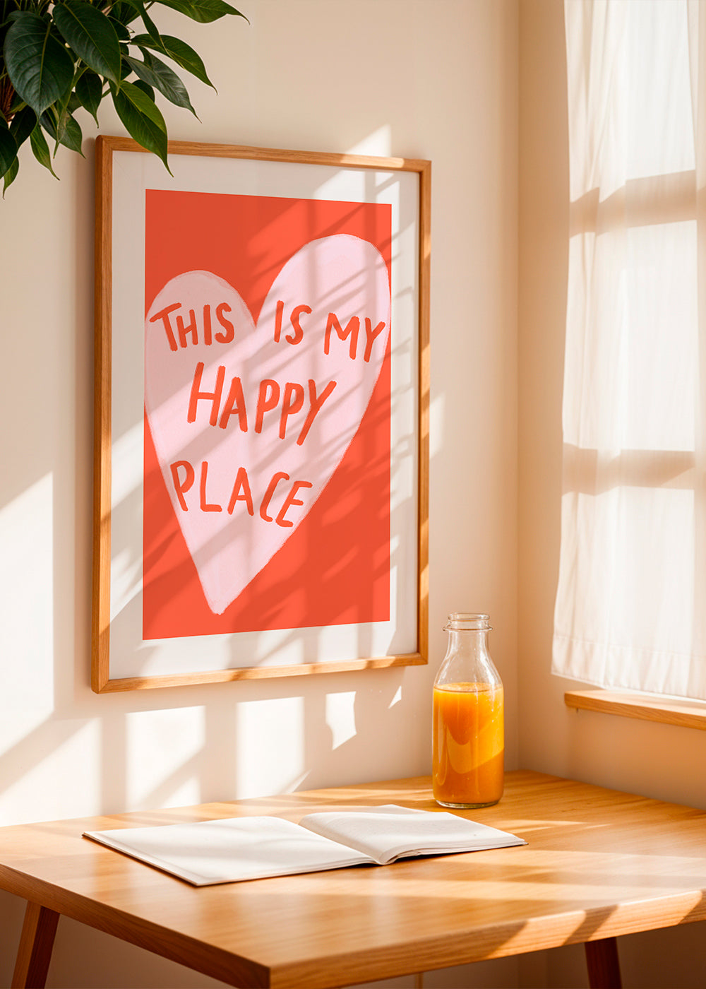 Hjärtillustration 'Happy Place' på korallbakgrund