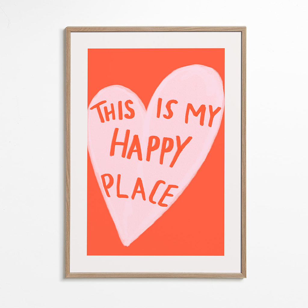 Hjärtillustration 'Happy Place' på korallbakgrund
