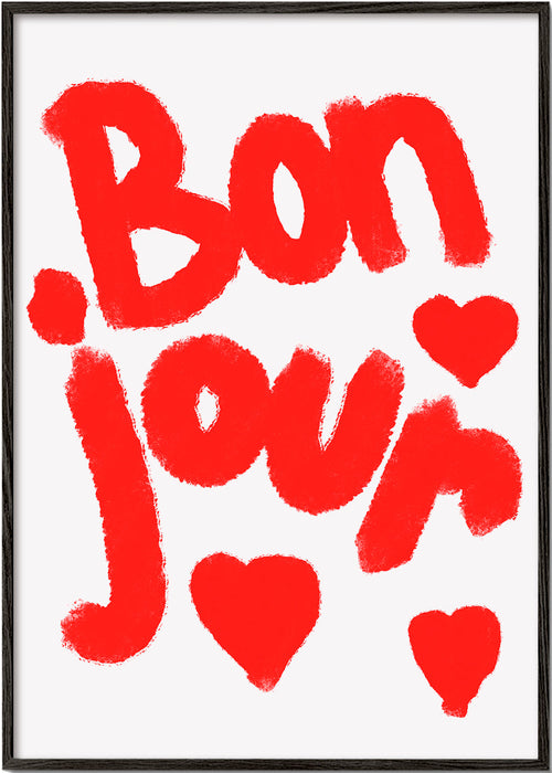 Illustration 'Bonjour' med röda hjärtan