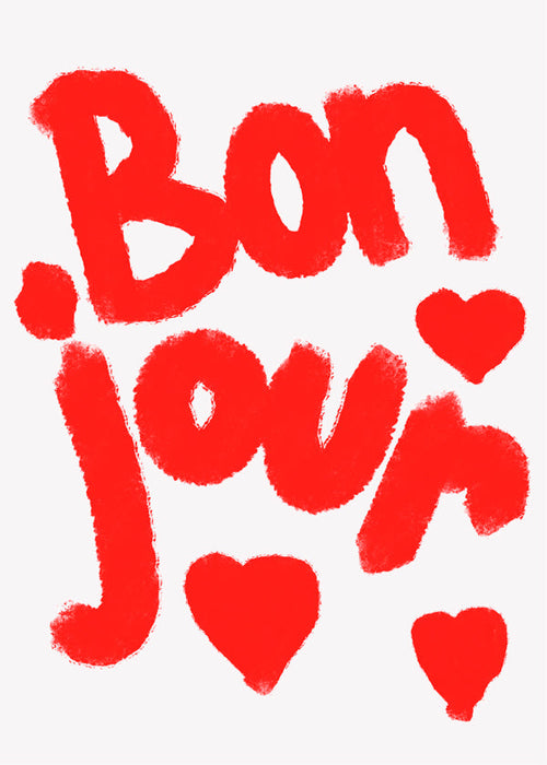 Illustration 'Bonjour' med röda hjärtan