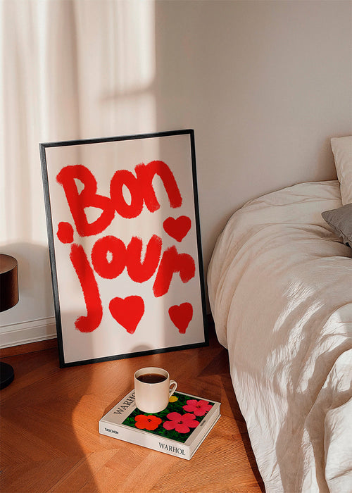 Illustration 'Bonjour' med röda hjärtan
