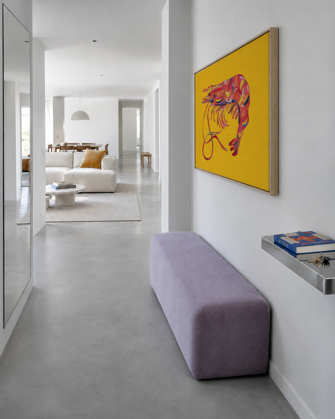 Prawn On Yellow - Framed canvas in an interior