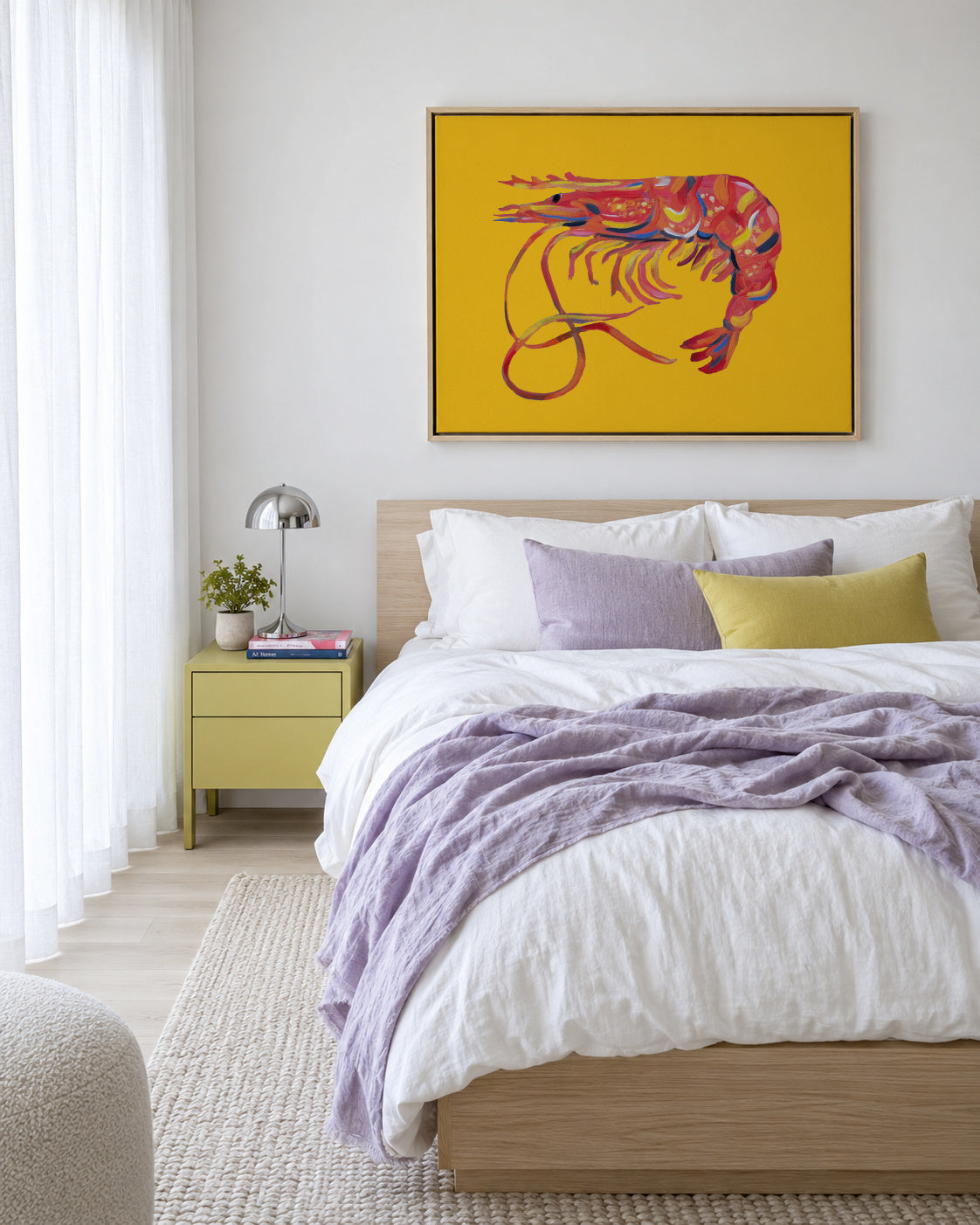 Prawn On Yellow - Framed canvas in an interior