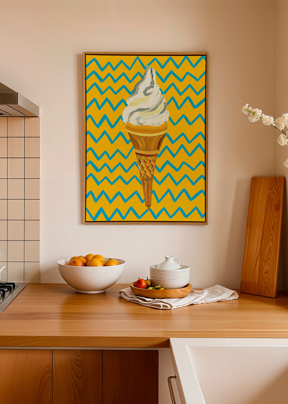 Kökskonst med glass på gul zigzag