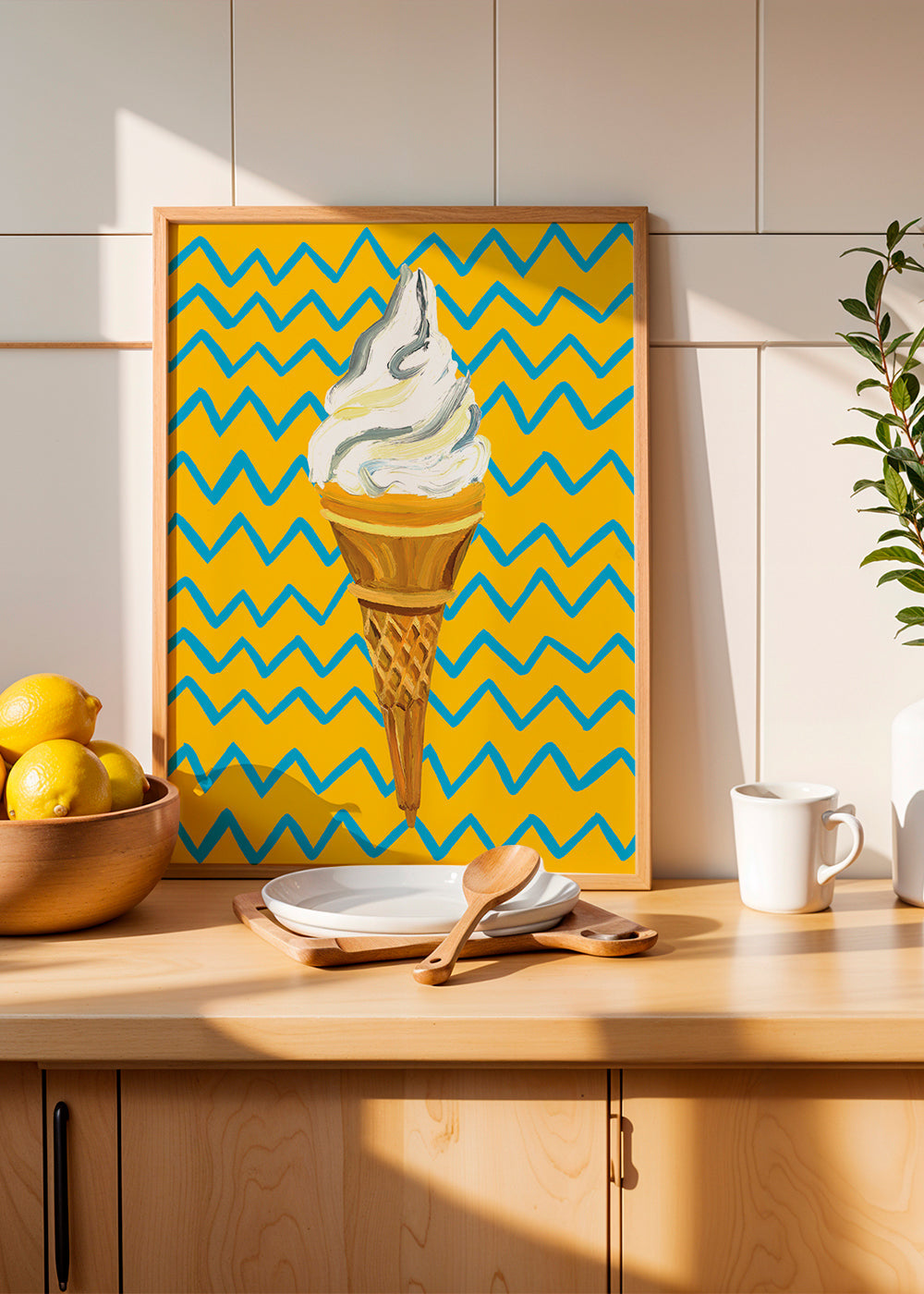 Kökskonst med glass på gul zigzag