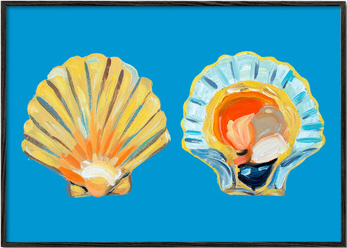 Illustration med snäckskal på blå bakgrund