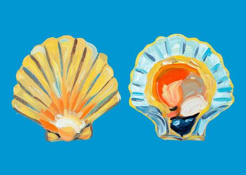 Illustration med snäckskal på blå bakgrund