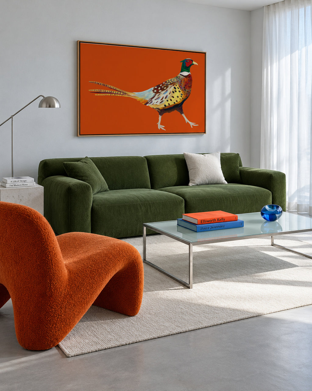 Strutting Pheasant On Orange - Framed canvas in an interior