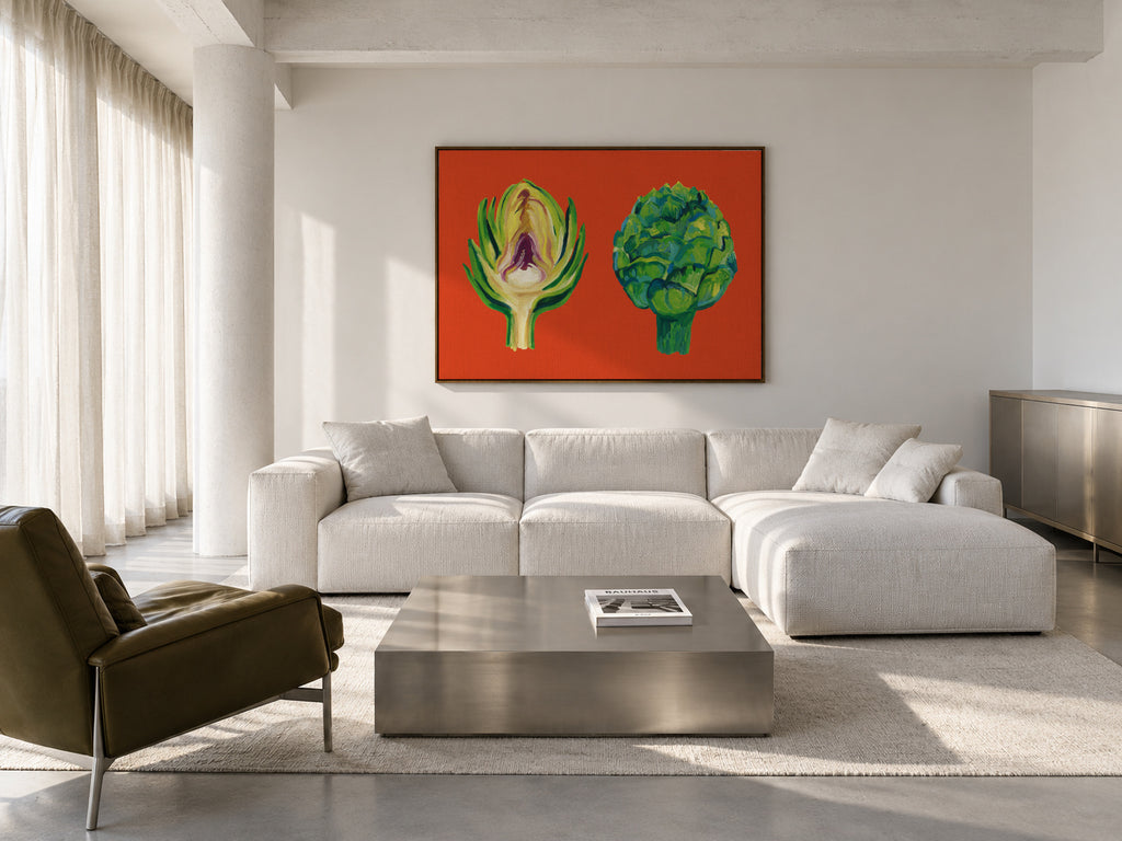 Artichokes On Orange - Framed canvas in an interior