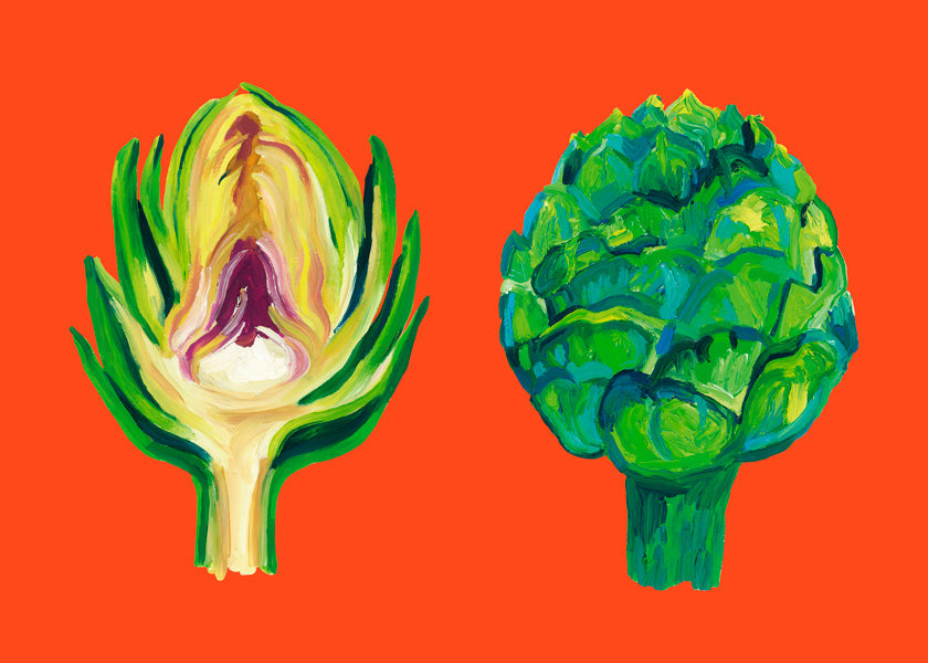 Kökskonst med kronärtskockor på orange bakgrund