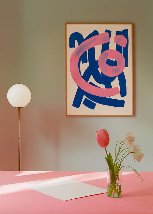 Abstrakt konstverk i blått och rosa