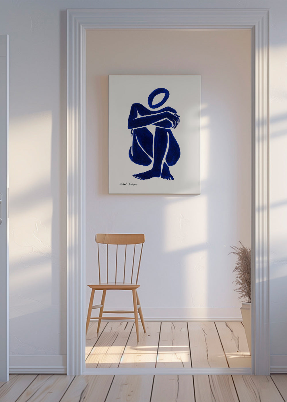 Abstrakt konst med sittande blå figur