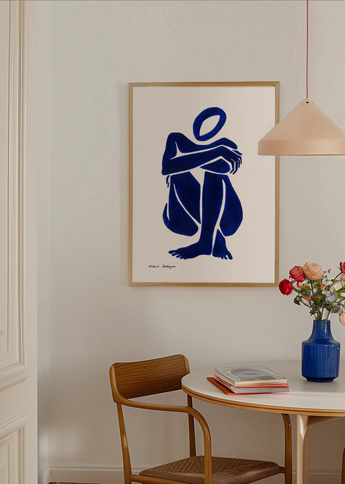 Abstrakt konst med sittande blå figur