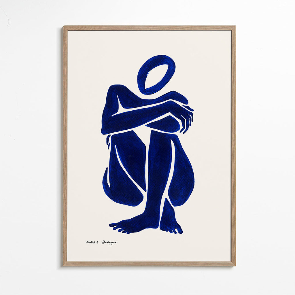Abstrakt konst med sittande blå figur