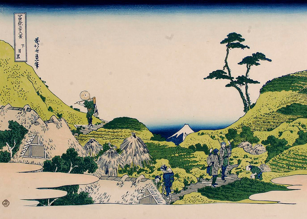 Landskapsbild med Mount Fuji och gröna kullar