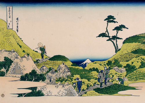 Landskapsbild med Mount Fuji och gröna kullar