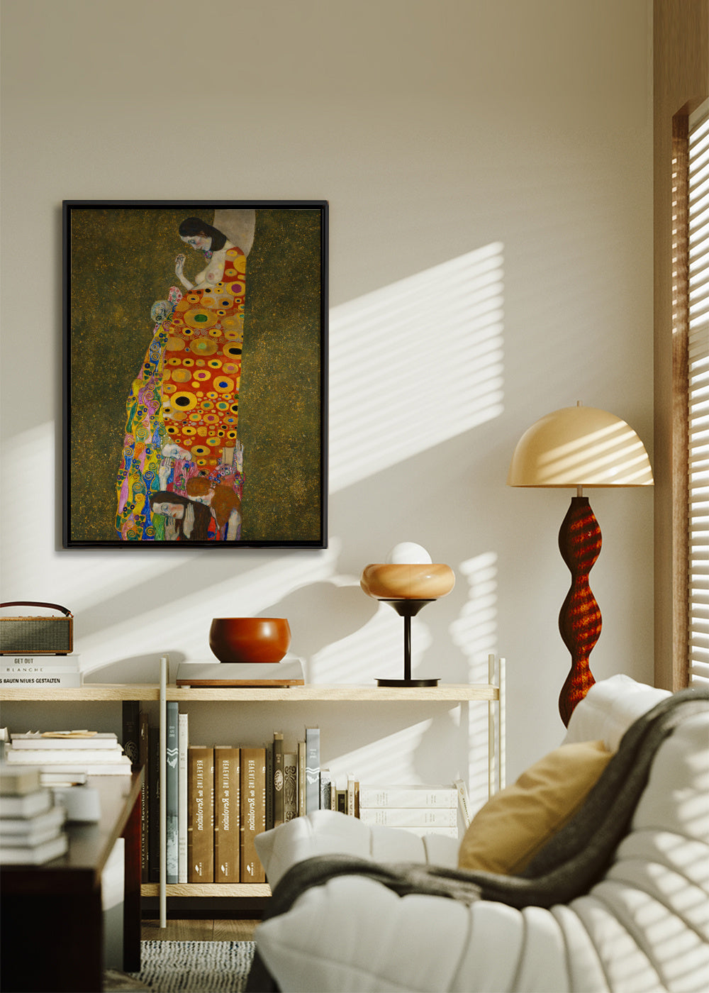 Hope II - Gustav Klimt - Framed canvas in an interior