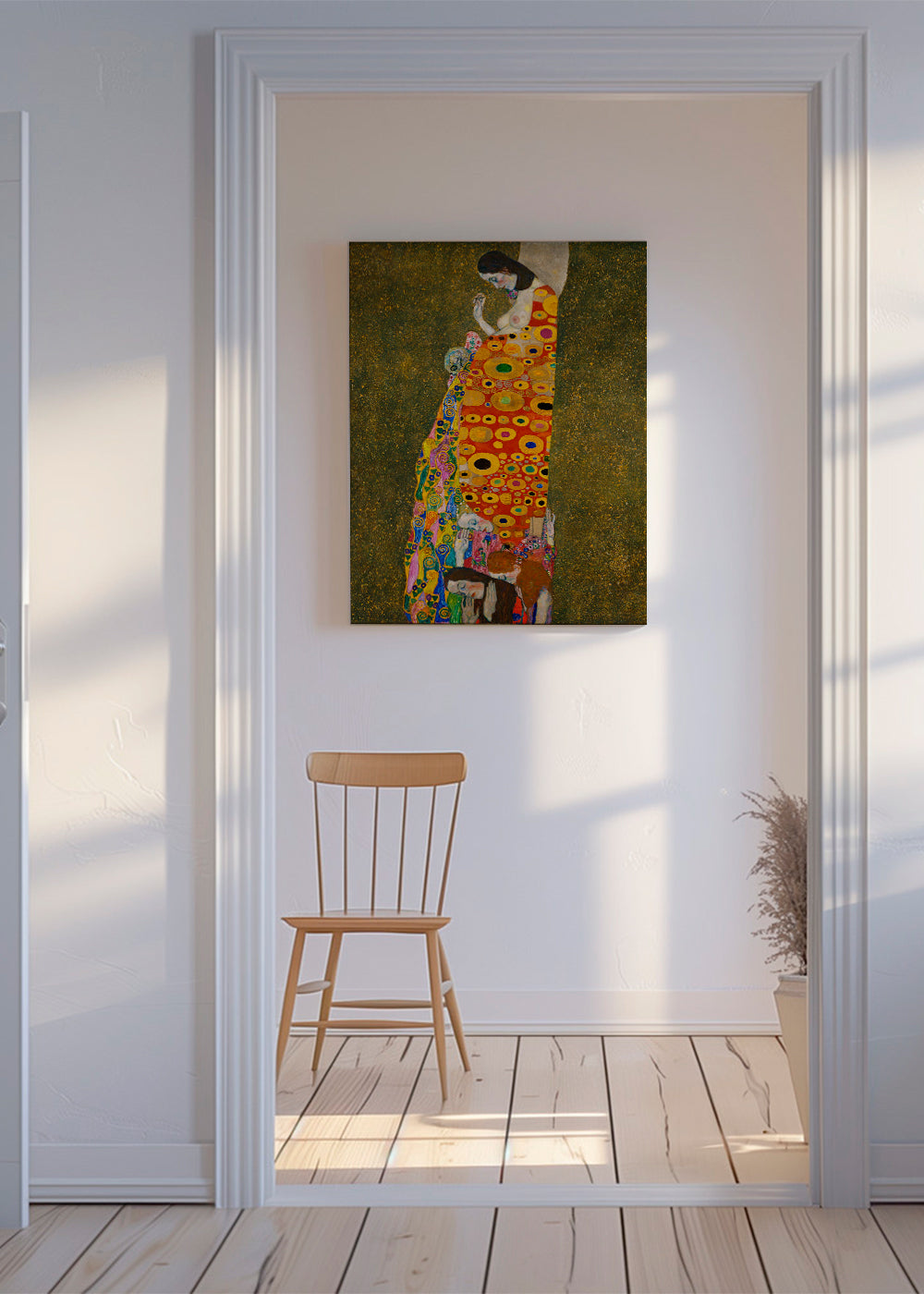 Abstrakt konstverk med gyllene figur och cirkulära motiv