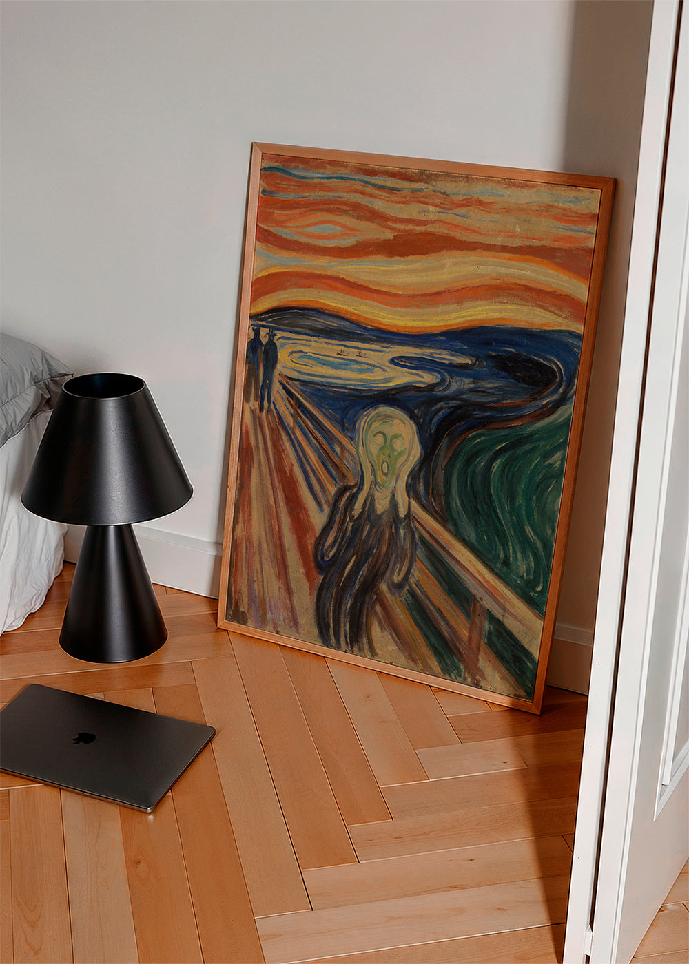 Abstrakt målning: skrikande gestalt på bryggan