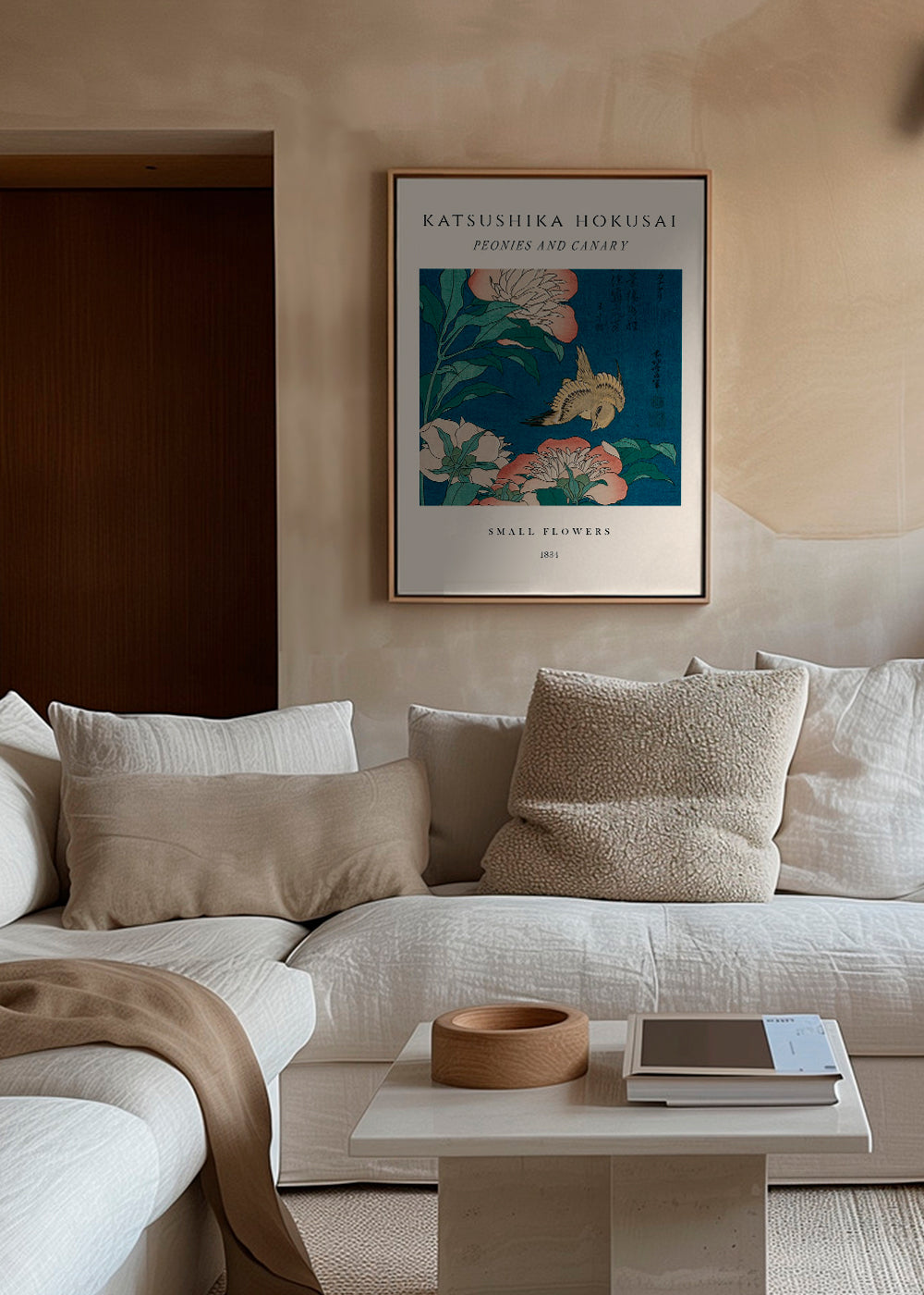 Botanisk poster med pioner och kanariefågel