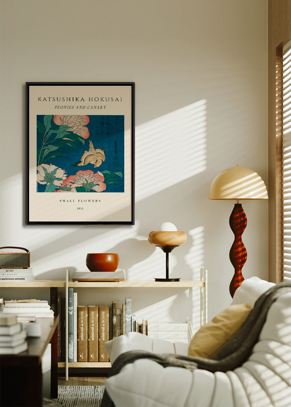 Botanisk poster med pioner och kanariefågel