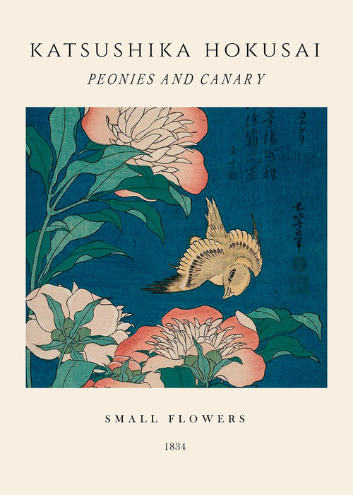 Botanisk poster med pioner och kanariefågel