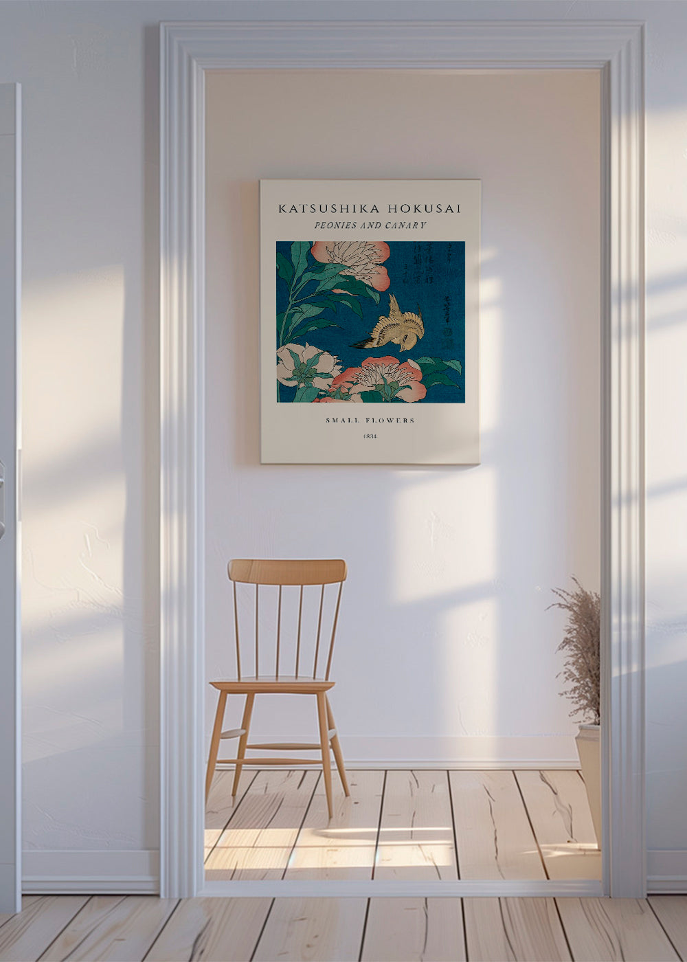 Botanisk poster med pioner och kanariefågel