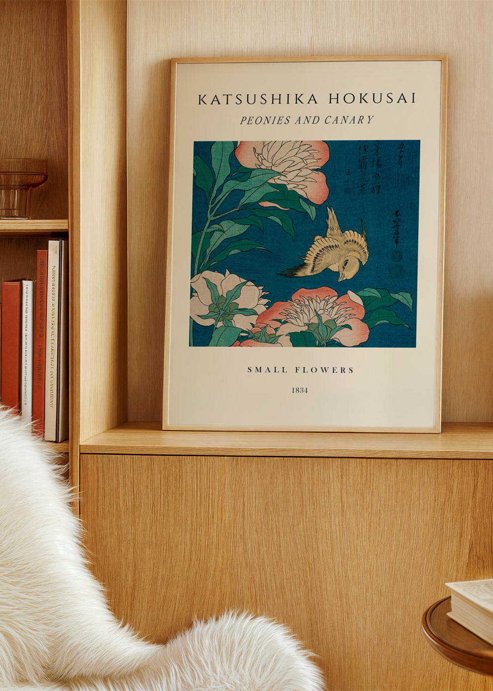 Botanisk poster med pioner och kanariefågel