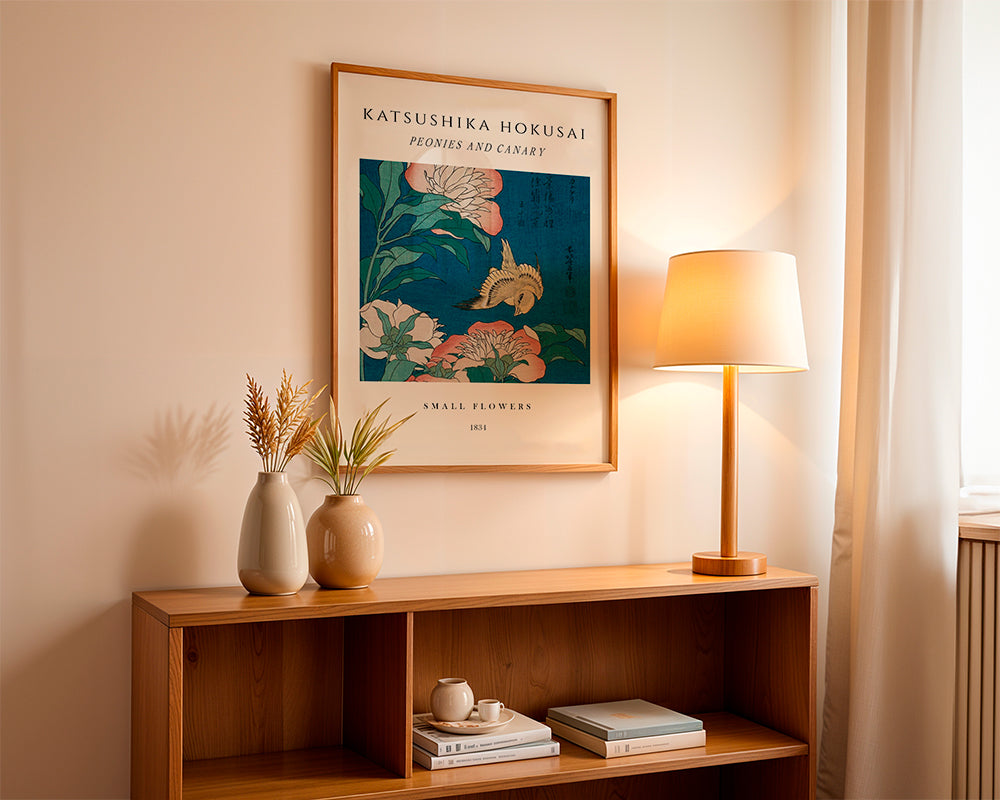 Botanisk poster med pioner och kanariefågel