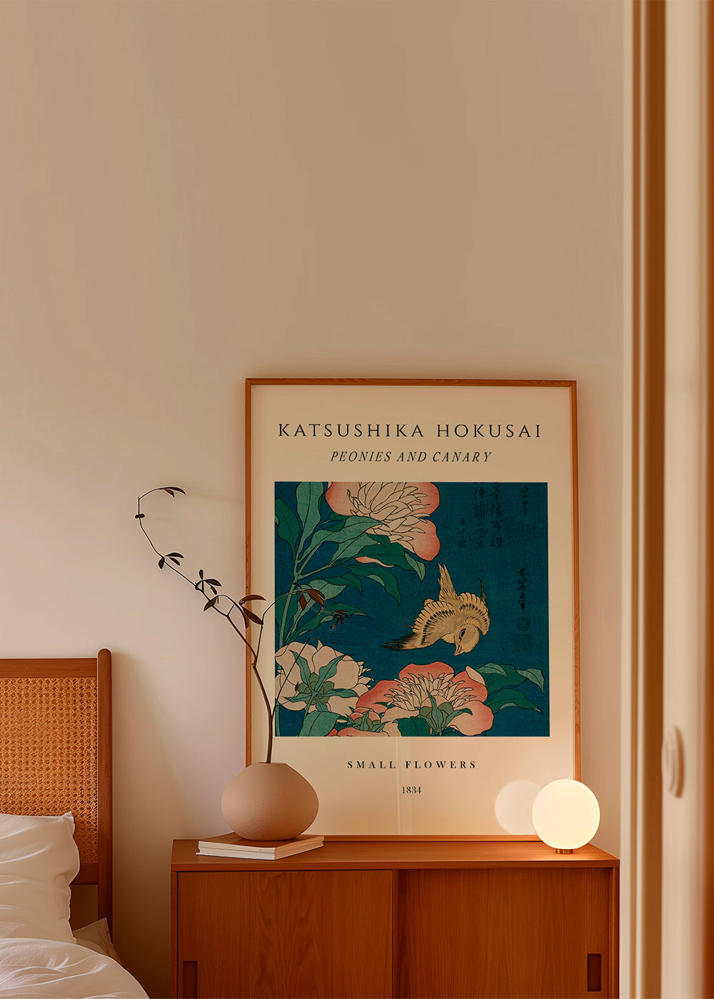 Botanisk poster med pioner och kanariefågel