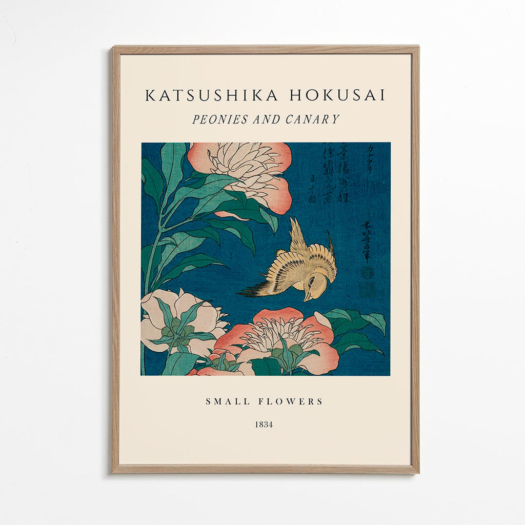 Botanisk poster med pioner och kanariefågel