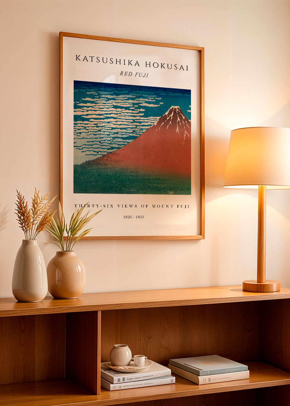 Landskapsbild Röda Mount Fuji i japansk tryckstil