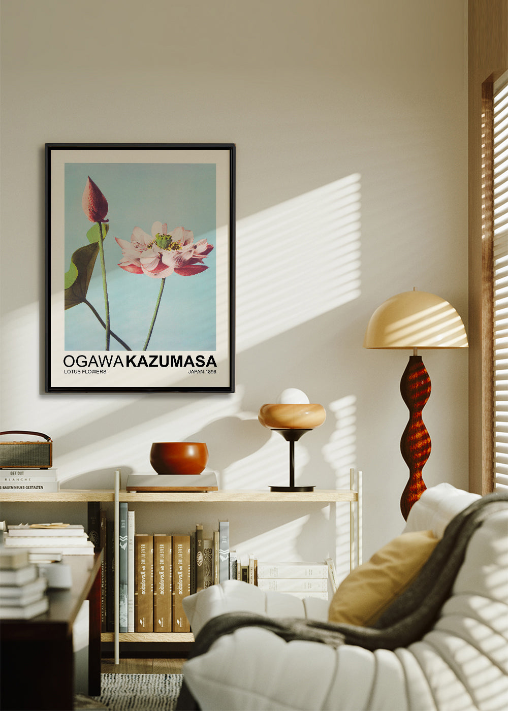 Botanisk poster: rosa lotus mot blå himmel
