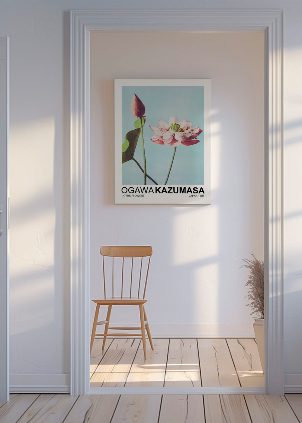 Botanisk poster: rosa lotus mot blå himmel