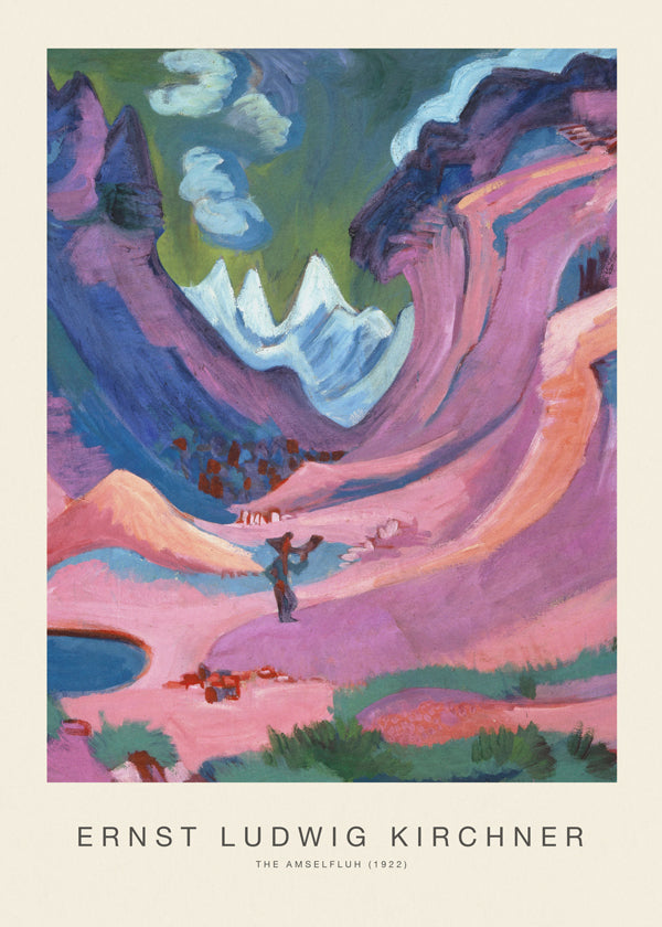 Expressionistiskt landskap med rosa berg