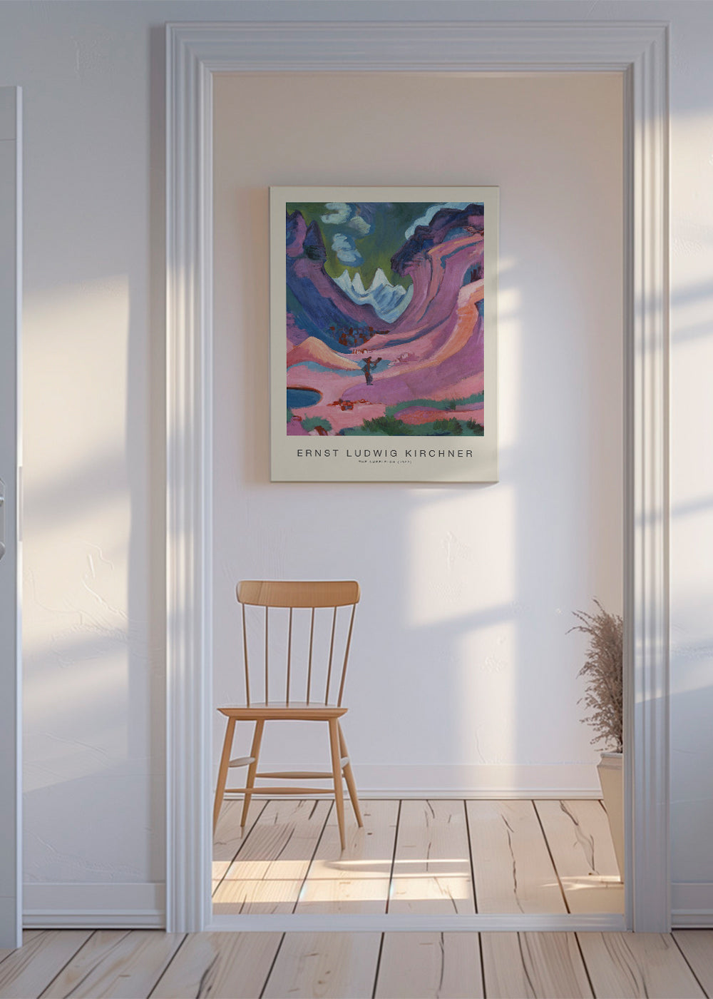 Expressionistiskt landskap med rosa berg