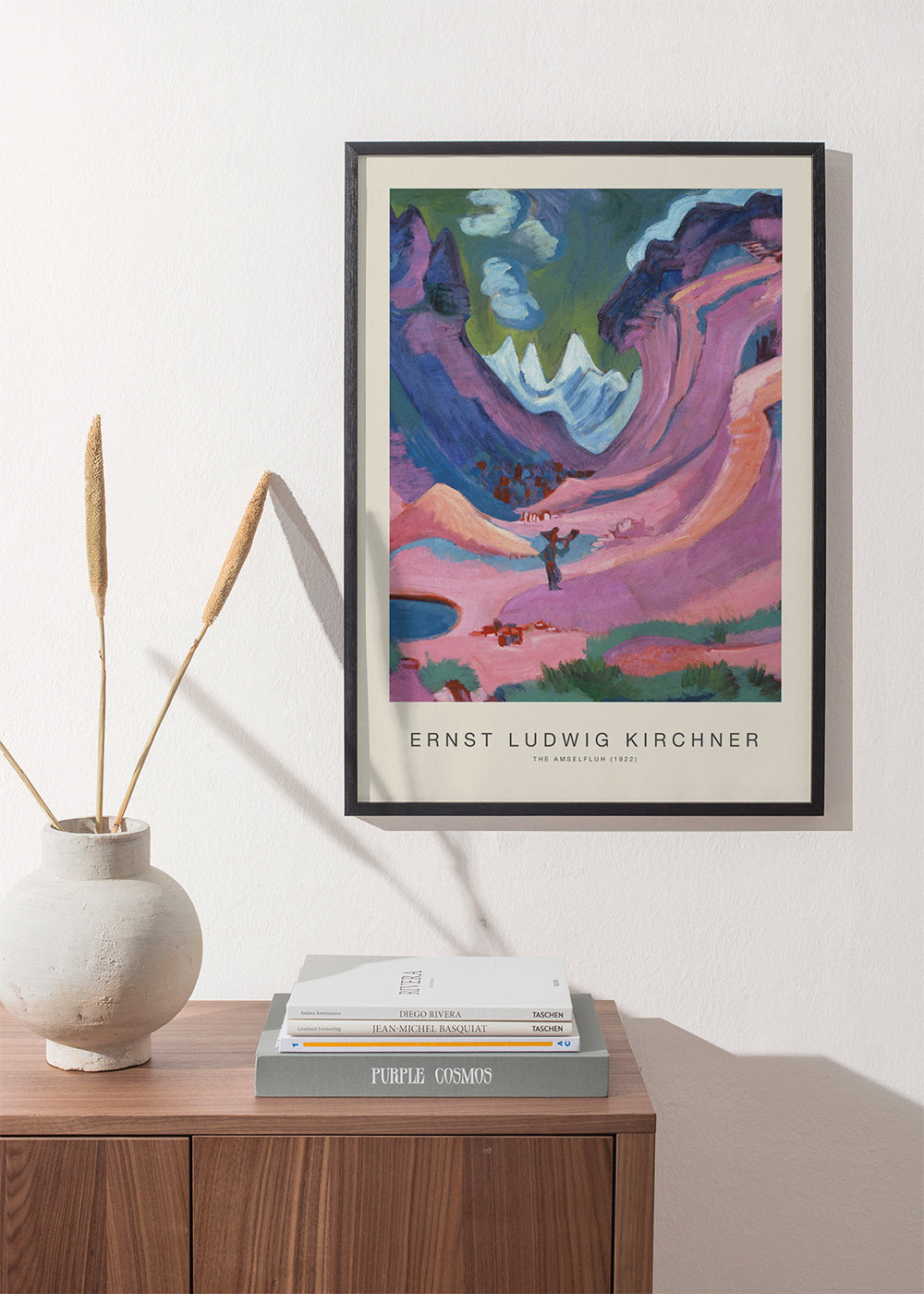 Expressionistiskt landskap med rosa berg