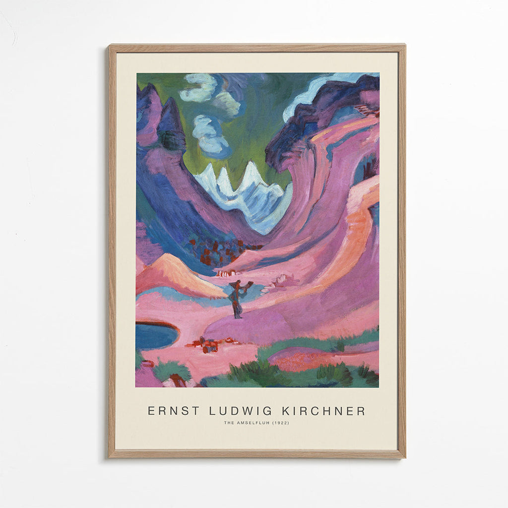 Expressionistiskt landskap med rosa berg