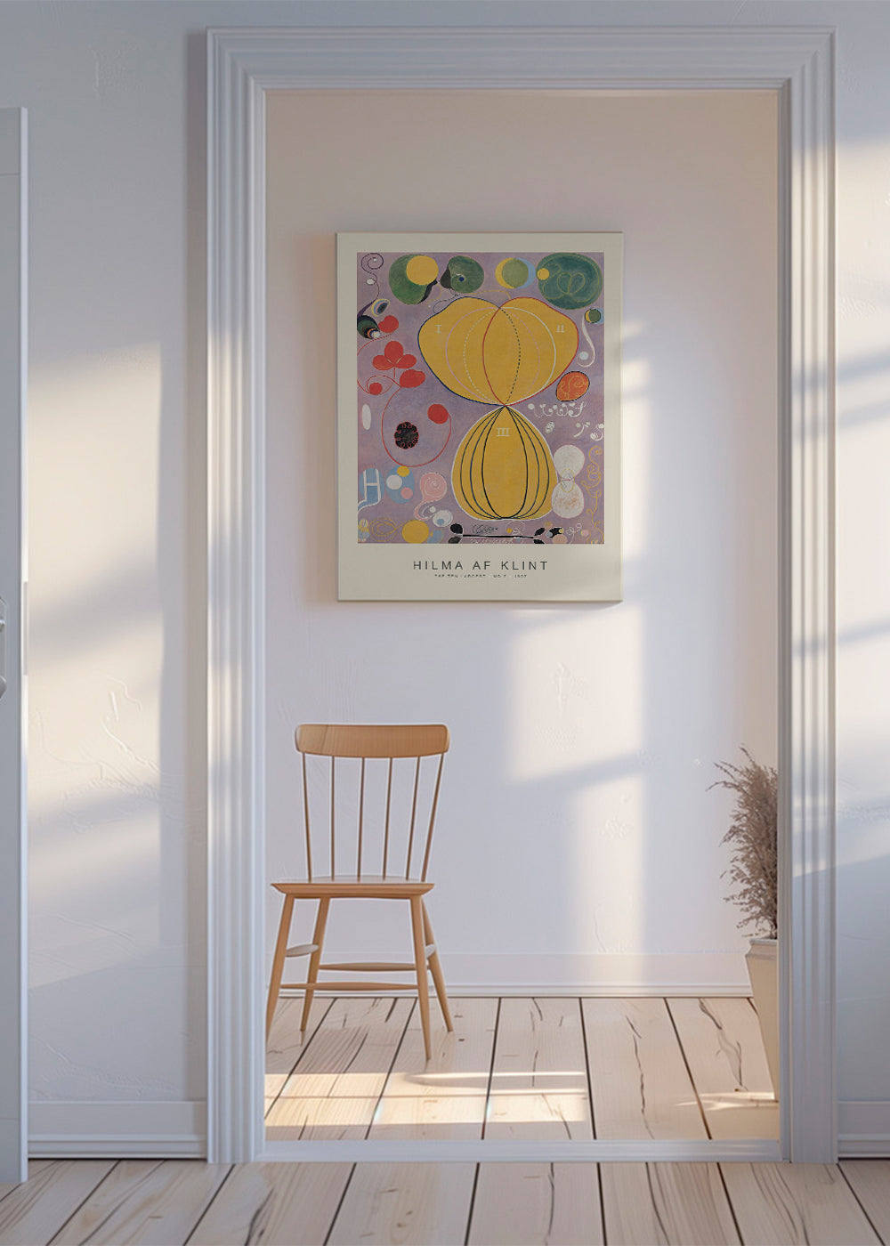 Abstrakt konstverk med botaniska former och gula cirklar