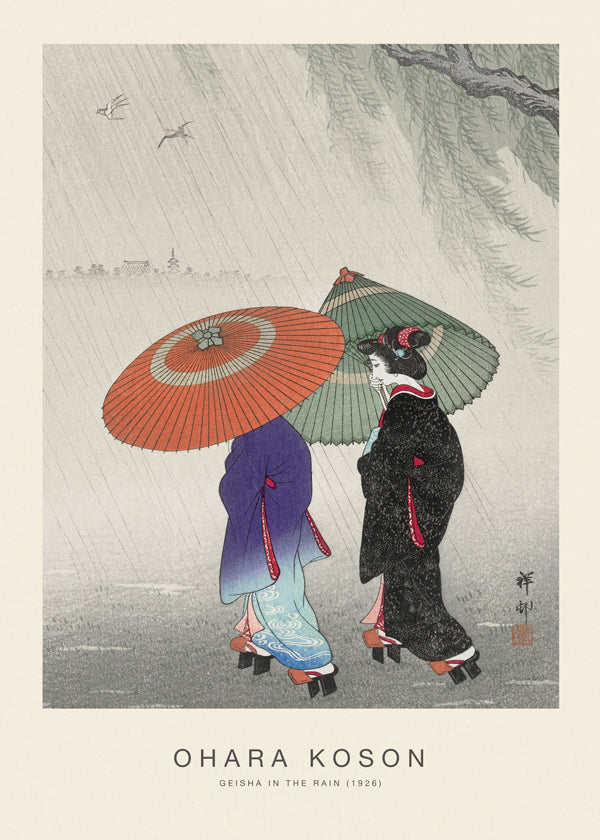 Japansk geisha-illustration i regnet