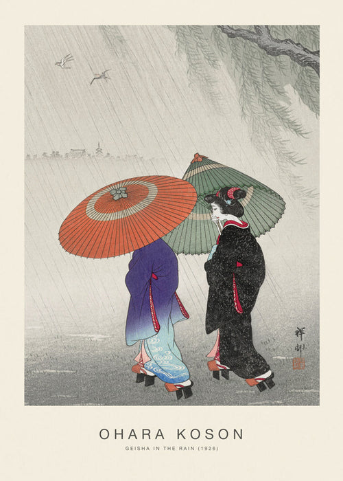 Japansk geisha-illustration i regnet