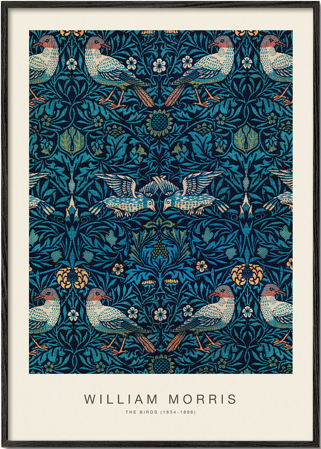 Botanisk poster William Morris med fåglar och blå löv
