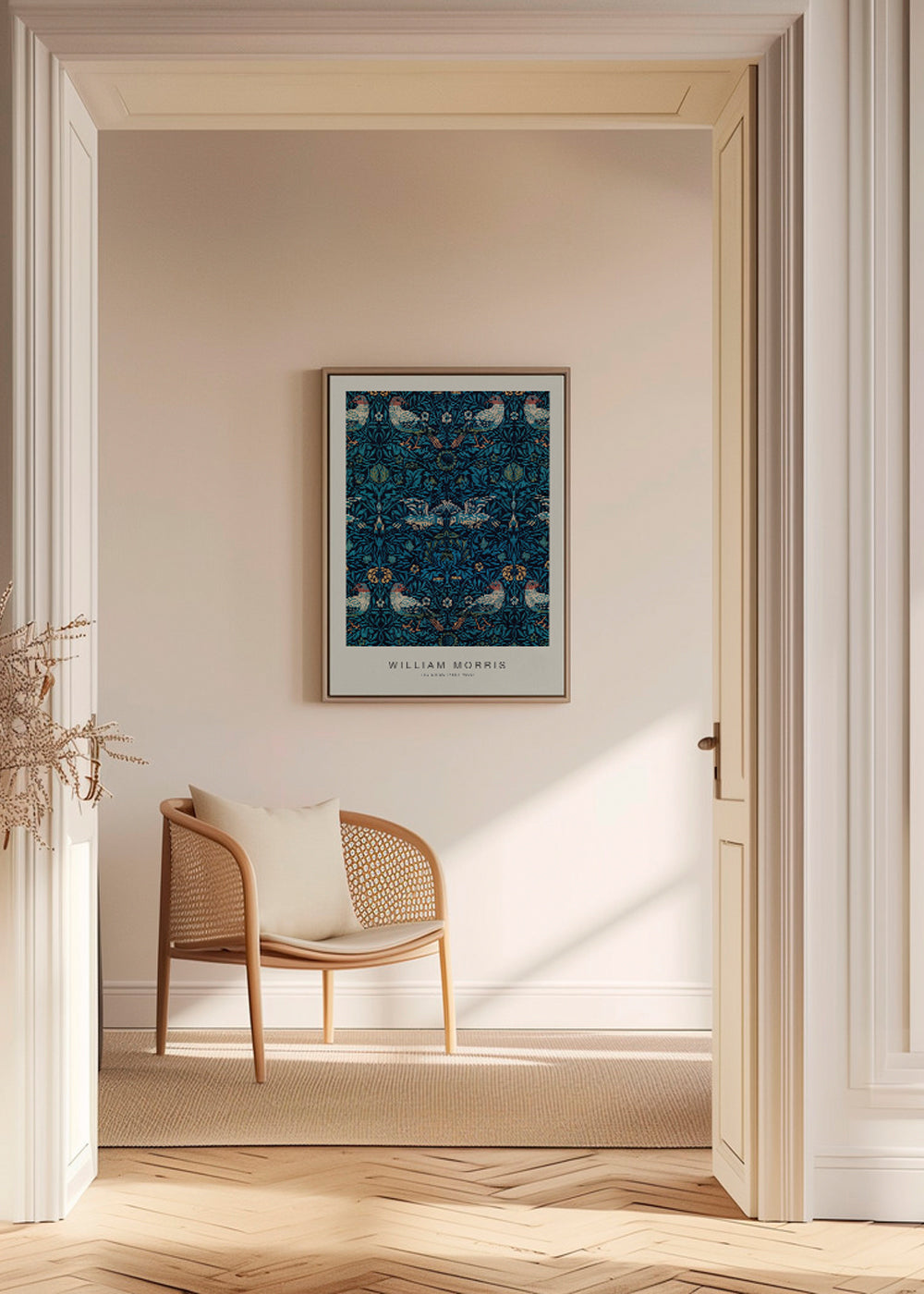Botanisk poster William Morris med fåglar och blå löv