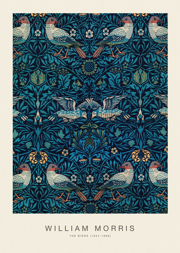 Botanisk poster William Morris med fåglar och blå löv