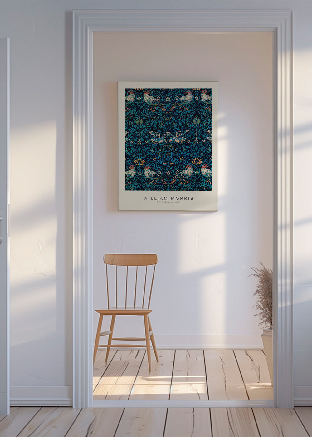 Botanisk poster William Morris med fåglar och blå löv