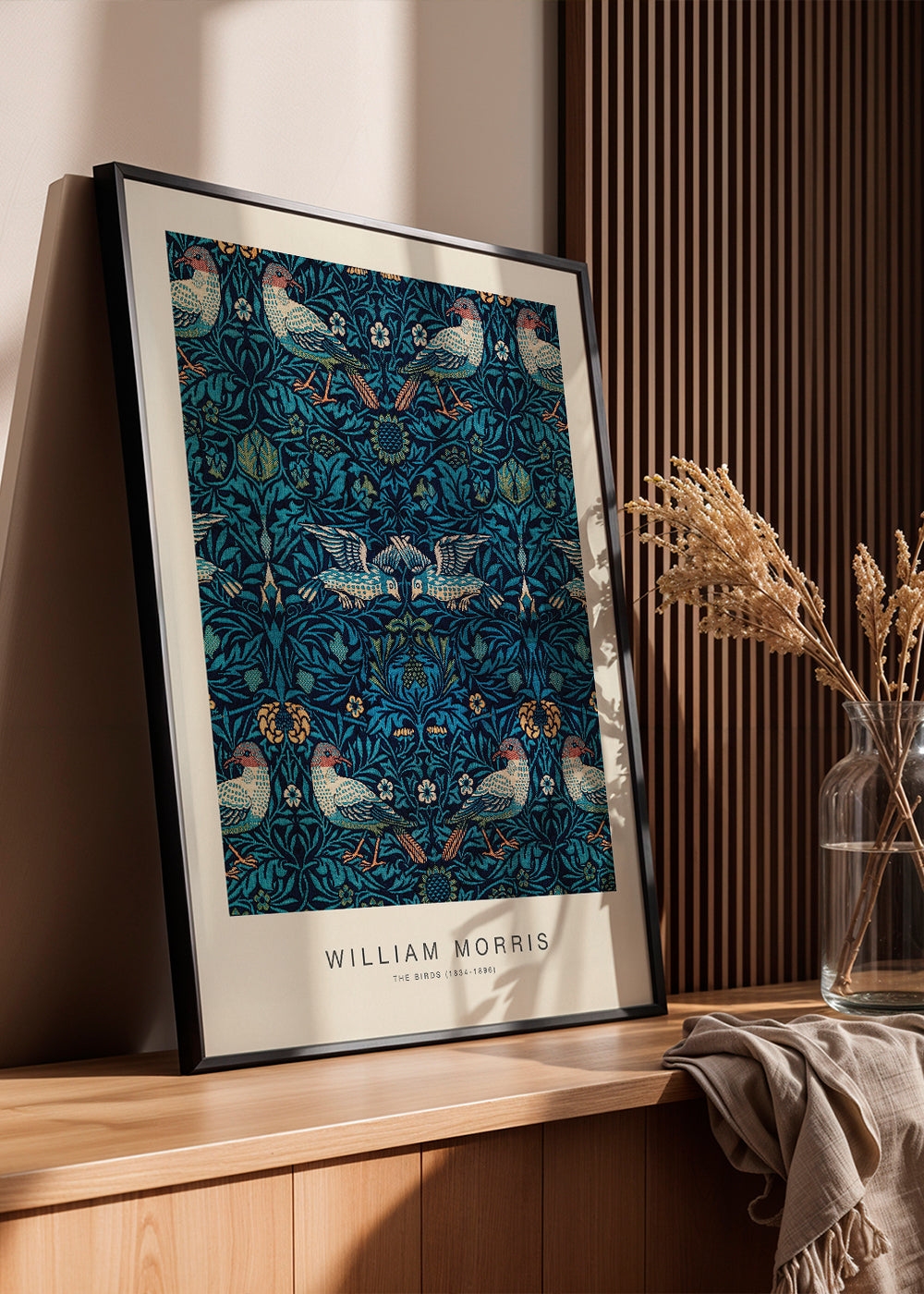 Botanisk poster William Morris med fåglar och blå löv