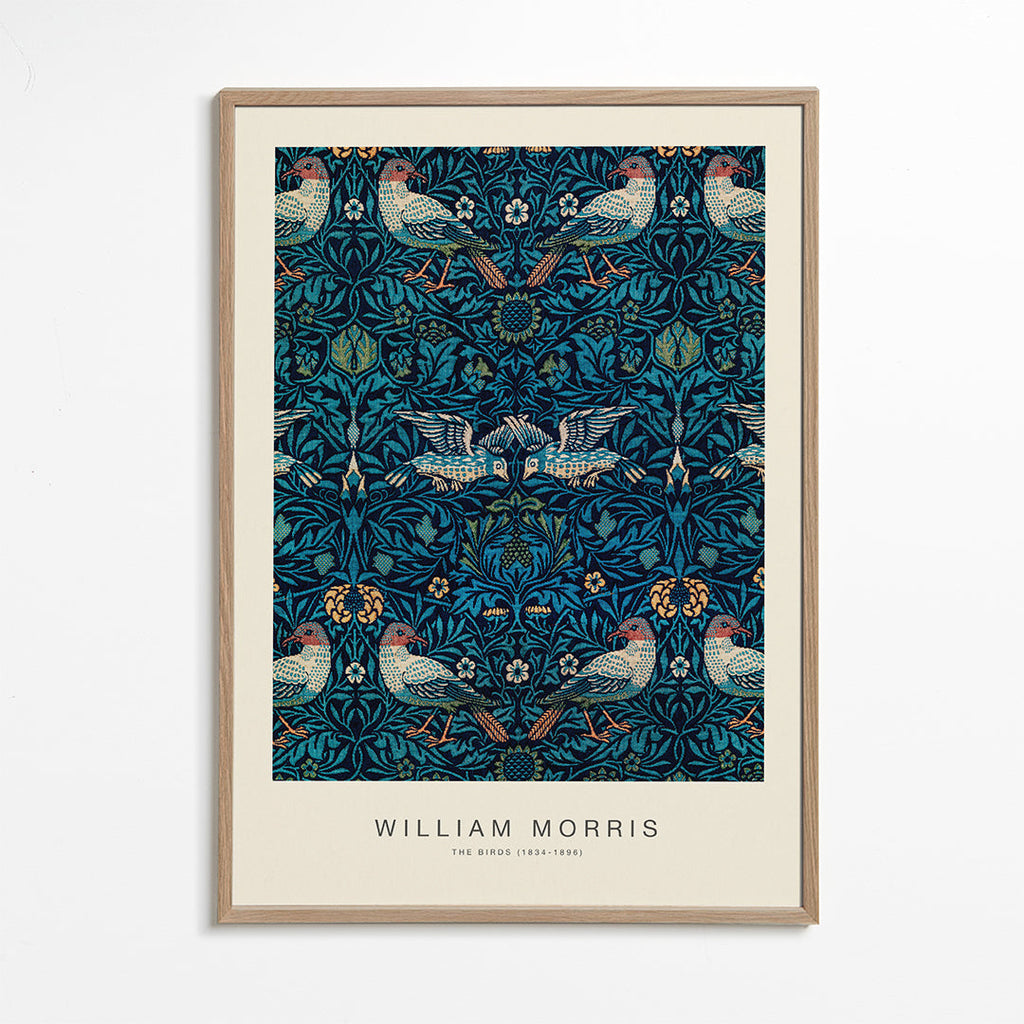 Botanisk poster William Morris med fåglar och blå löv
