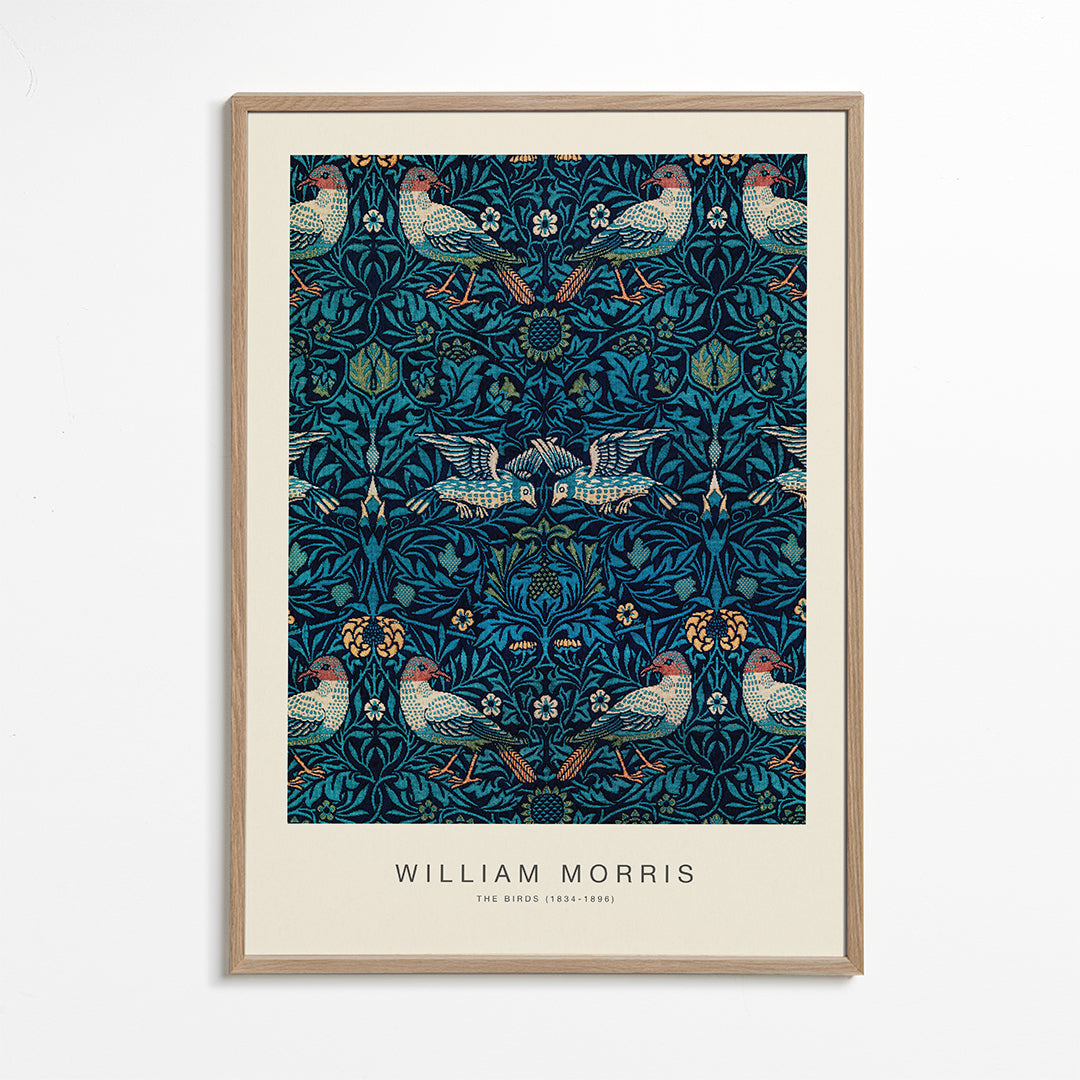 Botanisk poster William Morris med fåglar och blå löv